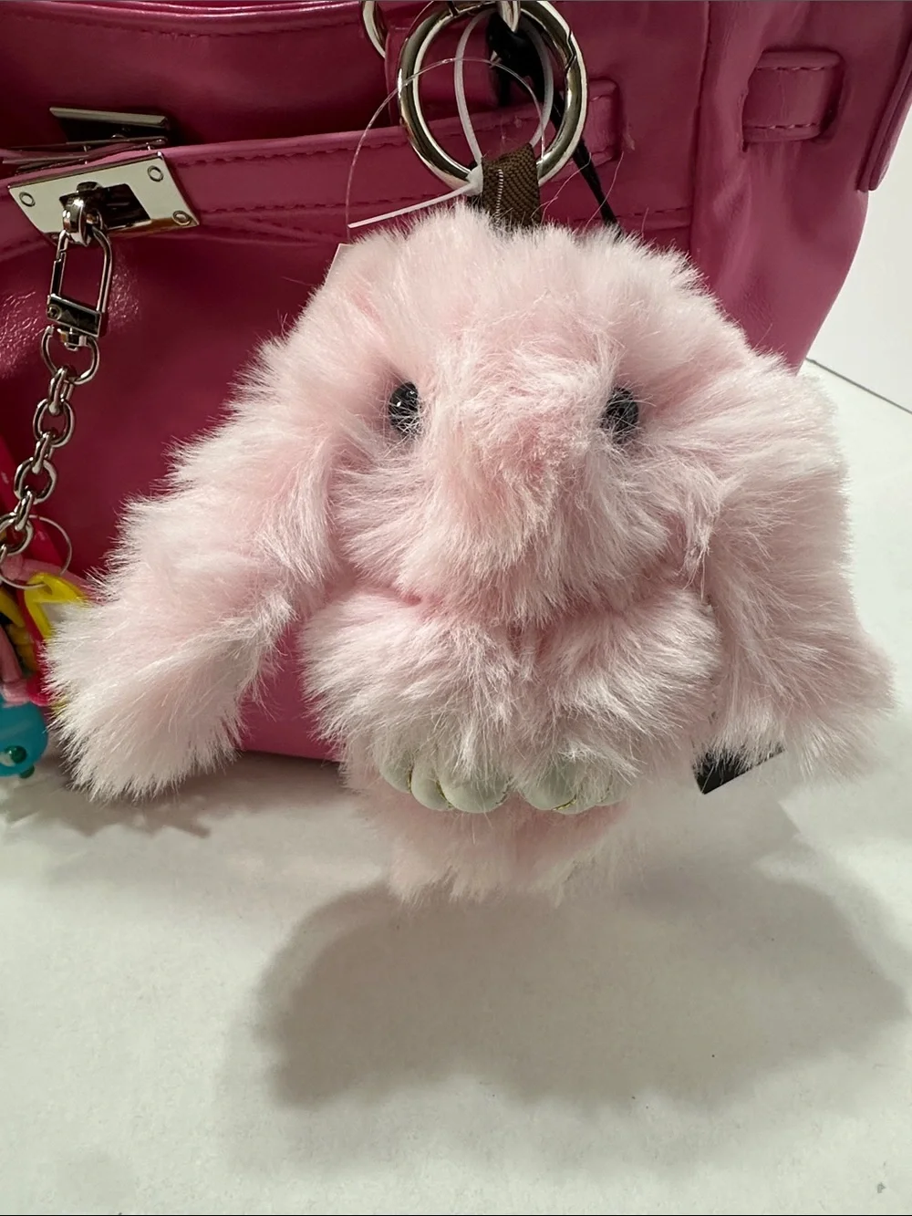 Hot Pink Patent Satchel with Fluffy Bunny Charm